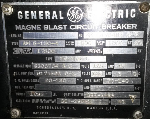 1200 Amp, GENERAL ELECTRIC, AM5-150-4, 5000 V., 60 HZ;-1