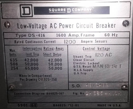 1600 Amp, SQUARE D, DS416, 480 V., MAN.OP., STATIONARY MOUNT;-1