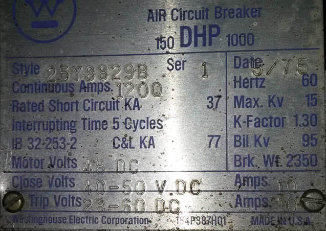 1200 Amp, WESTINGHOUSE, 150DHP1000, 15 KV, 48 VDC T&C;-1