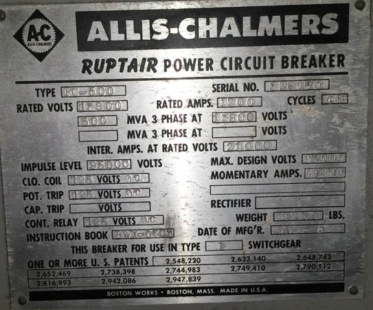 1200 Amp, ALLIS CHALMERS, FC 500 SOL., 13.8 KV, 1965, INDOOR SWITCHGEAR;-1