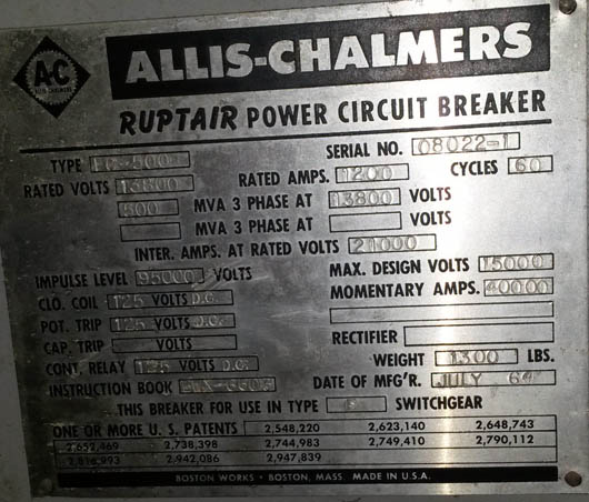 1200 Amp, ALLIS CHALMERS, FC-500, 13.8 KV, 1965, INDOOR;-1