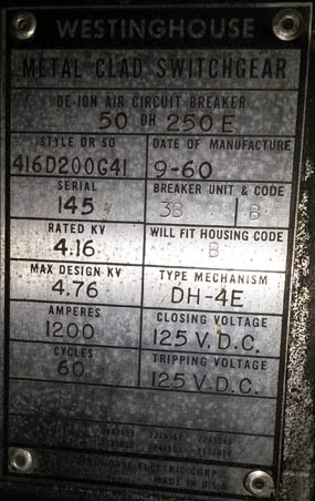 1200 Amp, WESTINGHOUSE, 50DH250E, 4160 V., 1961, DRAWOUT, INDOOR;-1