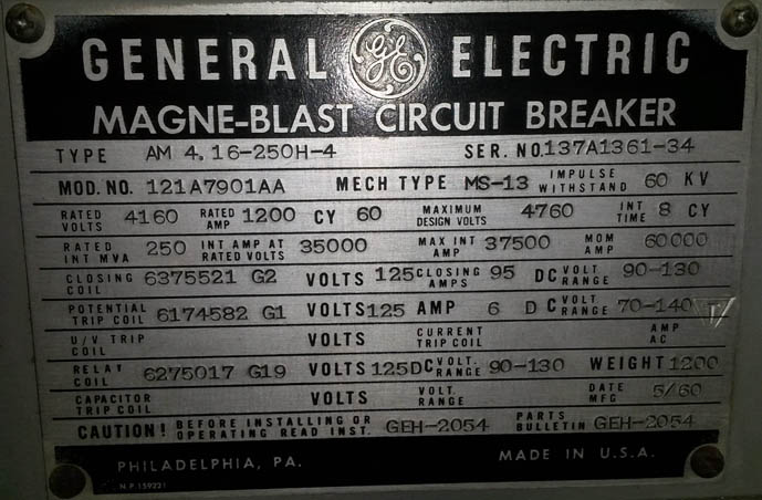 1200 Amp, GENERAL ELECTRIC, AM4.165-250H-4, 4160 V., 1960, OUTDOOR;-1