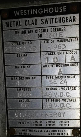 1200 Amp, WESTINGHOUSE, 50DH250E, 4160 V., 1963, SE-2A MECH, 48 V DC C&T;-1