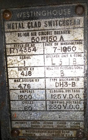 1200 Amp, WESTINGHOUSE, 50DH150A, 4160 V., 1950, OUTDOOR, NONPROTECTED AISLE;-1