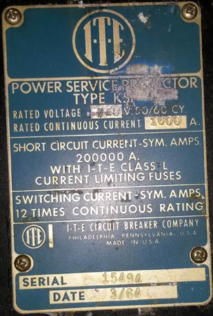 1200 Amp, ITE, KSP, 240 V., 1964, ELEC.OP., STATIONARY, 3 POLE;-1