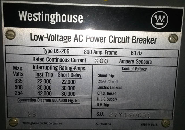 800 Amp, WESTINGHOUSE, DS206, 480 V., MAN.OP., DRAWOUT, INDOOR;-1