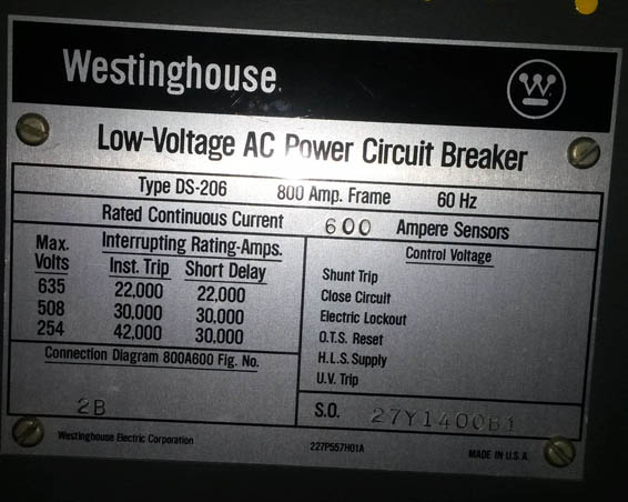 800 Amp, WESTINGHOUSE, DS206, 480 V., MAN.OP., DRAWOUT, INDOOR;-1
