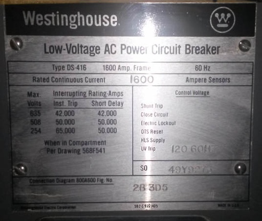 [017336] 1600 Amp, WESTINGHOUSE, DS-416, 480 V., MAN.OP., DRAWOUT;-1
