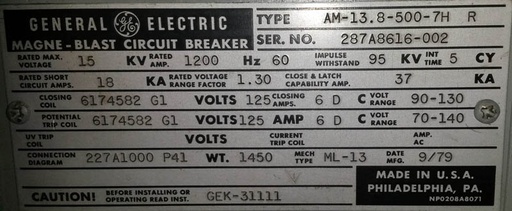 [017456] 1200 Amp, GENERAL ELECTRIC, AM13.8-500-7H-R, 13.8 KV, OUTDOOR;-1