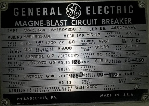[018472] 1200 Amp, GENERAL ELECTRIC, AM4.16-150, 4160 V., INDOOR, MS-13 MECH;-1