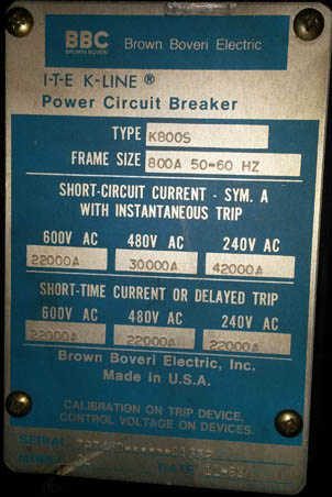 [019582] 800 Amp, ITE, K-800S, 480 V., 1983, ELEC. OPER., DRAWOUT, K-LINE, 120 VAC; -1