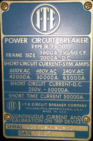 [021036] 1600 Amp, ITE, K1600 RED, 480 V., MANUALLY OP., INDOORHOUSED -1
