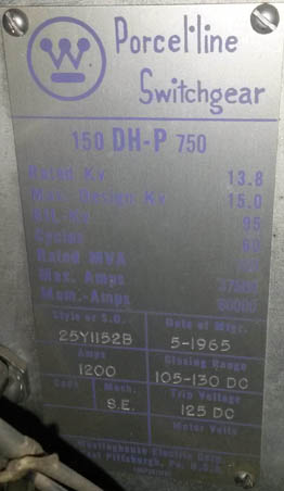 [021315] 1200 Amp, WESTINGHOUSE, 150DHP750, 15 KV, 1965, DRAWOUT, ELEC.OP.,CLOSE & TRIP-1