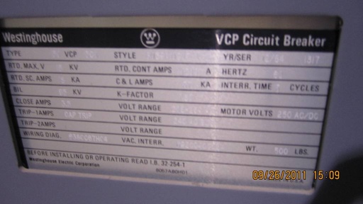 [021392] 1200 Amp, WESTINGHOUSE, 150 VCP-500, 13.8 KV, 1984, VACUUM BREAKER:1