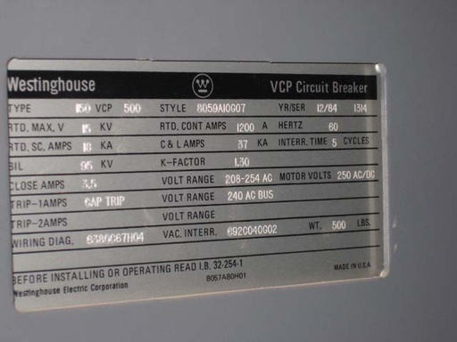 [021394] 1200 Amp, WESTINGHOUSE, 150 VCP-500, 13.8 KV, 1984, VACUUM BREAKER:1