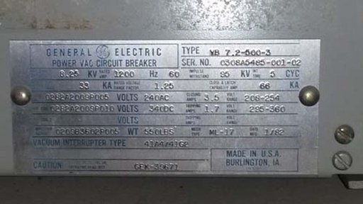[021408] 1200 Amp, GENERAL ELECTRIC, VB7.5-500-3, 7.5 KV, 1982, VACUUM BREAKER:1