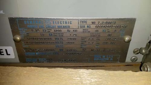 [021410] 1200 Amp, GENERAL ELECTRIC, VB 7.2-500-3, 7.5 KV, 1982, 240 VAC CLS/340 VDC TRIP
