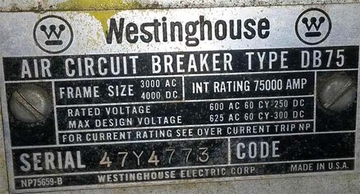 [021514] 3000 Amp, WESTINGHOUSE, DB-75, 480 V., ELECTRICALLY OPERATED, INDOORHOUSED -1