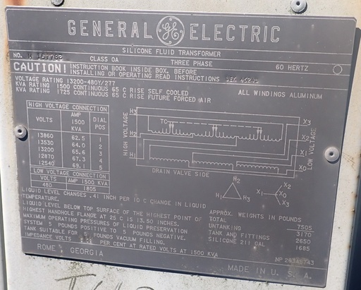 [023470] 1500 KVA, Pri. 13200 D, Sec. 480 Y, GE, SILICONE TRANSFORMER