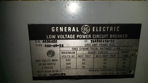 [024297] 3200 AMP GE AKR-6D-75 480 V., E/O, D/O, 120 VAC