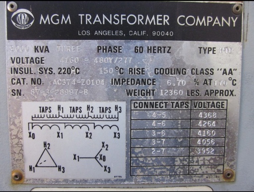 [024662] 3000 KVA, Pri. MGM, 4160 V, D, Sec. 480Y/277, OUTDOOR, DRY TYPE:1