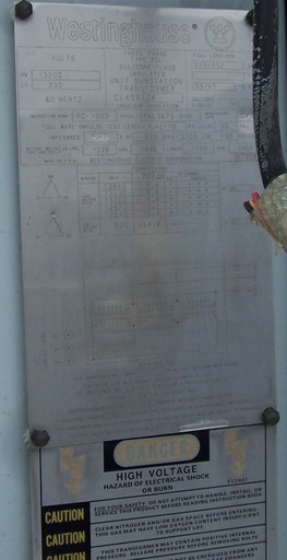 [024887] 225 KVA, Pri. 13200 V, DELTA, Sec. 230 V, DELTA, WESTINGHOUSE, SILICONE FILLED