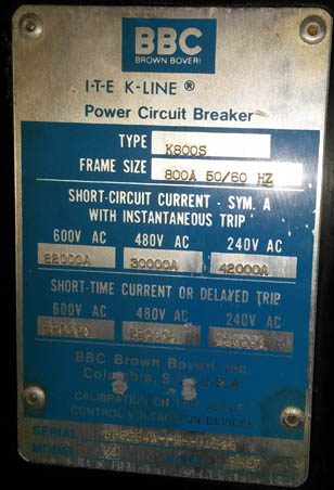 [025171] 800 Amp, ITE/BBC, K-800S, 600 V., 1987, M/O, D/O, (LSIG)