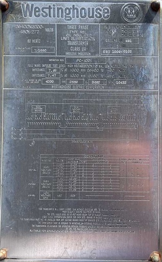 [025481] 1000/1120 KVA, WESTINGHOUSE, Pri. 26400 D X 13200 D, Sec. 480Y/277:1