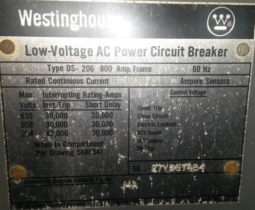 [025551] 600 Amp, WESTINGHOUSE, DS206, 480 V.,