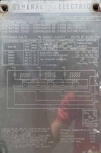 [026708] 5/7 MVA, GENERAL ELECTRIC, Pri. 33000 V, D, Sec. 2400Y/1385, SUBSTATION