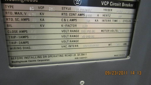 [026874] 1200 Amp, WESTINGHOUSE, 50VCP-250, 4160 V., 1987, E/O, D/O, VAC C/B, 125 VDC: -1