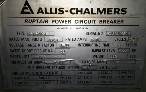 [027026] 1200 Amp, ALLIS CHALMERS, MA250C, 4160 V., 1972, 120 VAC CLOSE, CAP TRIP: -1