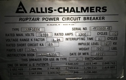 [027028] 1200 Amp, ALLIS CHALMERS, MA250C, 4160 V., 1972, 120 VAC CLOSE, CAP TRIP: -1
