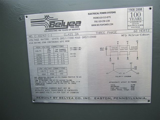 [027324] 2500 KVA, MCGRAW, Pri. 12470Y/7200, Sec. 4160Y/2400, LIVE FRONT, RADIAL FEED