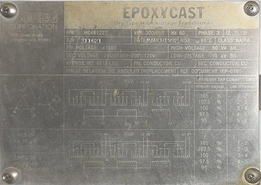 [027743] 300/400 KVA, ISOREG, Pri. 4160 V, D, Sec. 208Y X 240 V, Y, 1992, CAST COIL: -1