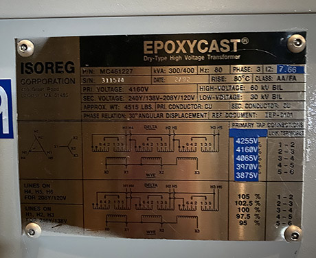 [027745] 300/400 KVA, ISOREG, Pri. 4160 V, D, Sec. 240VY X 208 V, Y, 1992, CAST COIL: -1