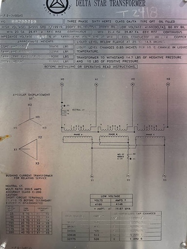 [027752] 20/29.87 MVA, DELTA STAR, Pri. 34500 Y, Sec. 4160 D, GSU, 55/65