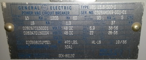 [028048] 1200 Amp, GE, VB1-13.8-500-1, 13.8 KV, 1986, 48 VDC VACUUM CIRCUIT BREAKER: -1