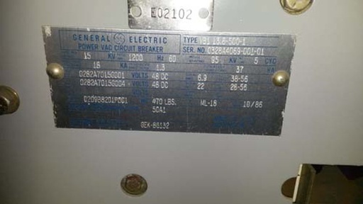 [028048] 1200 Amp, GE, VB1-13.8-500-1, 13.8 KV, 1986, 48 VDC VACUUM CIRCUIT BREAKER: -1