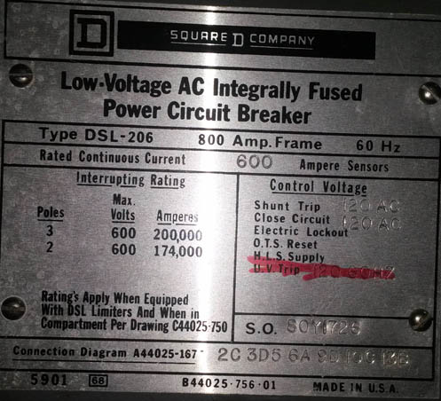 [028111] 800 Amp, WESTINGHOUSE, DSL-206, 480 V., E/O, D/O, 120 VAC, AMPTECTOR 1A: -1