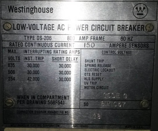 [028144] 800 Amp, WESTINGHOUSE, DS-206, 480 V., 1987, M/O, D/O, RMS-800, LIG TRIPS: -1