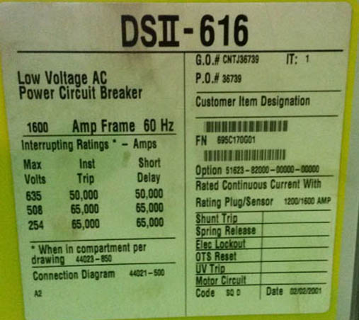 [028752] 1600 Amp, SQUARE D, DS2-616, 635 V., M/O, D/O, DIGITRIP 510 L,S,I,G: -1