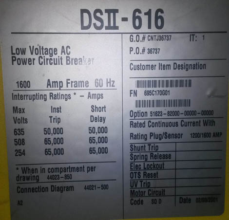 [028764] 1600 Amp, SQUARE D, DS2-616, 635 V., M/O, D/O, DIGITRIP 510, L,S,I,G: -1