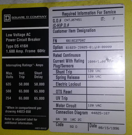 [028908] 1600 Amp, SQUARE D, DS-416H, 635 V., 1996, E/O, D/O, 120 VAC, RMS-510, LSIG: -1