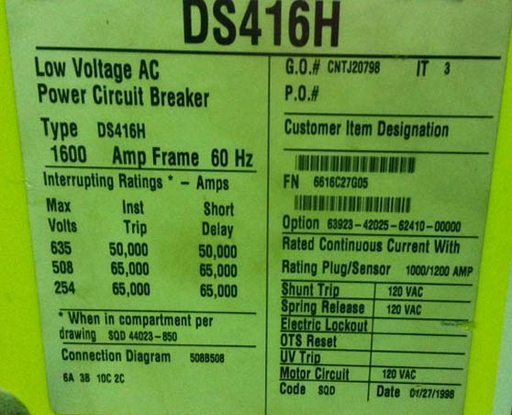 [028909] 1600 Amp, SQUARE D, DS-416H, 635 V., 1998, E/O, D/O, 120 VAC, RMS-510, L,S,I,G