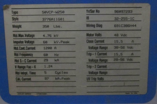 [029194] 1200 Amp, WESTINGHOUSE, 50VCP-W-250, 4160 V., 48 VDC CL & TR: -1