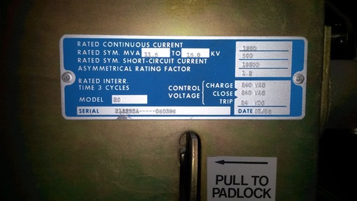 [029331] 1200 Amp, ABB, 15VHK500, 15 KV, VACUUM, 240 VAC CLOSE, 24 VDC TRIP
