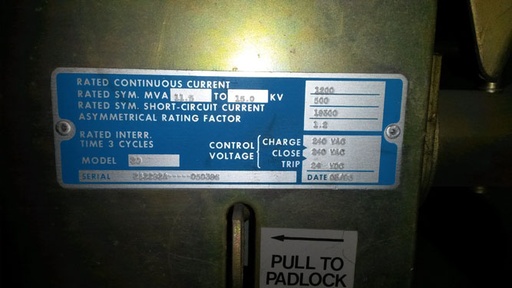 [029332] 1200 Amp, ABB, 15VHK500, 15 KV, VACUUM, 240 VAC CLOSE, 24 VDC TRIP