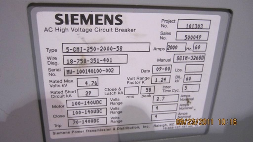 [029832] 2000 Amp, SIEMENS, 5GMI-250-2000-58, 4160 V., UNUSED, 125 VDC CLOSE & TRIP: -1